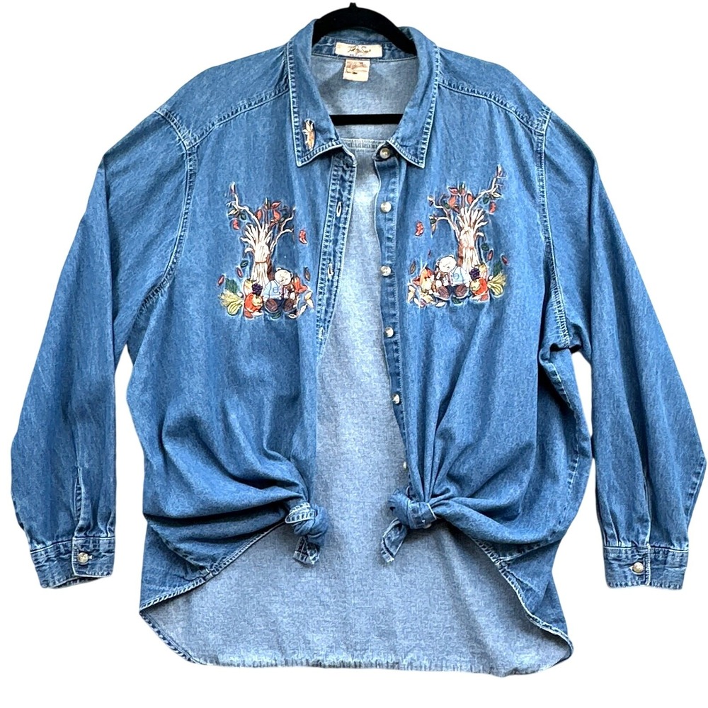 VTG 90s Shirt 26W Denim Embroiderd Granny Teacher Fall Pumpkin Bear Cat Novelty